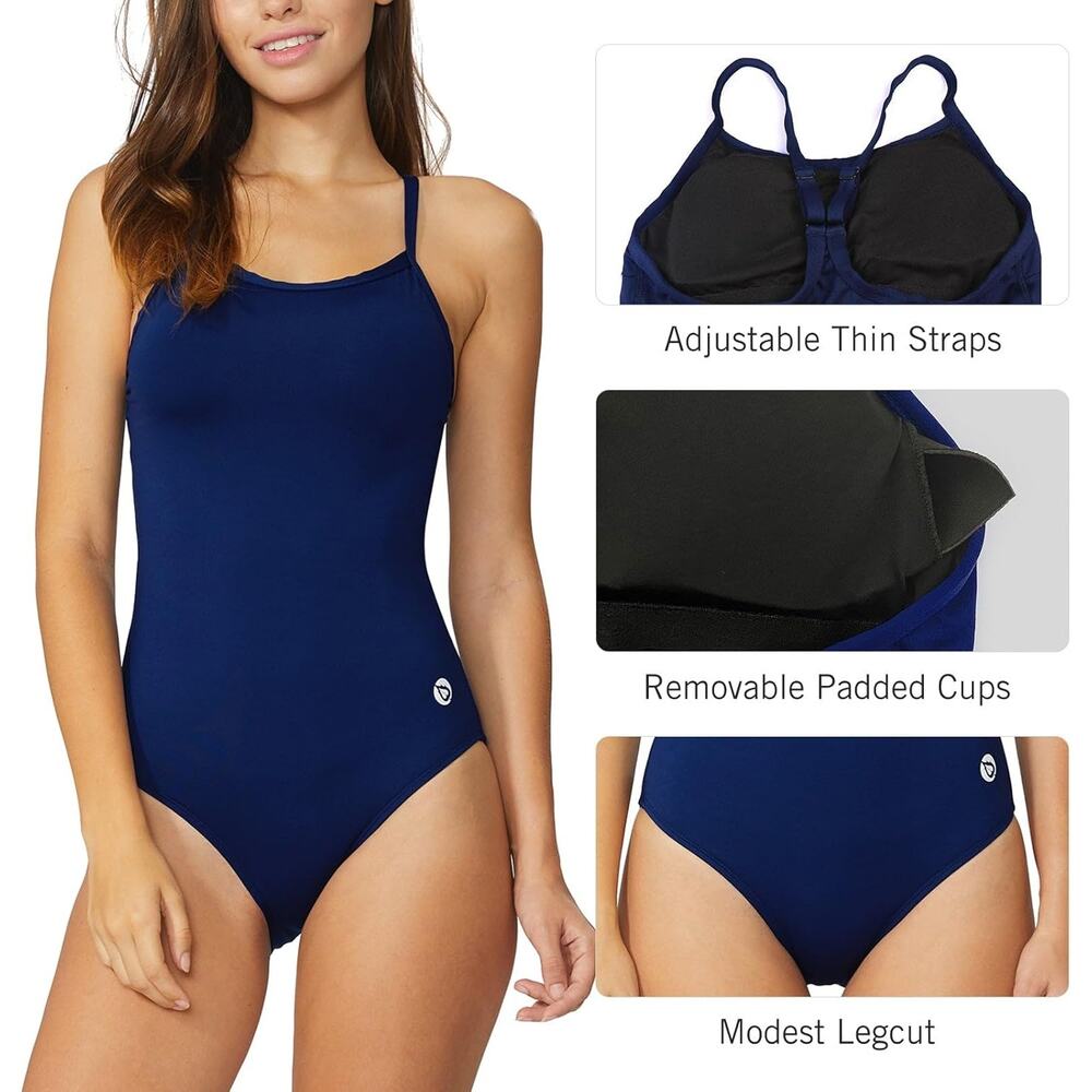 Baleaf One Piece Swimsuit Navy Blue Solid High Neck Keyhole Tie Back Size 36 NWT